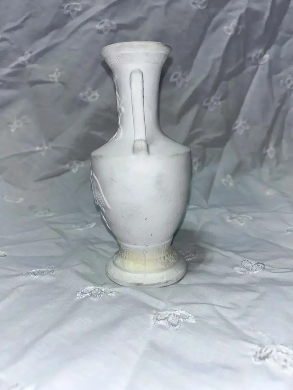 Vintage Neoclassical Bisque Porcelain Greek Amphora Bud Vase w Embossed Relief